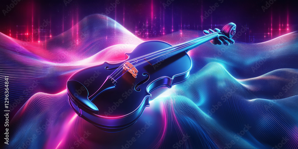 Fototapeta premium A futuristic 3D background showcasing a neon violin suspended in mid-air, surrounded by swirling waves of glowing sound energy. The abstract, digital atmosphere represents the blending of classical