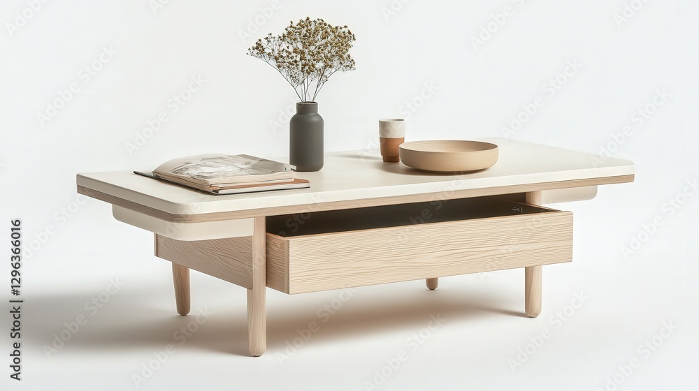 A compact, multi-purpose coffee table with hidden storage, designed for functionality and style, displayed against a white backdrop A compact, multi-purpose coffee table with hidden storage, designed for functionality and style, displayed against a white backdrop