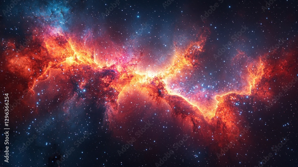 Fototapeta premium Fiery nebula cosmic cloud, interstellar space, background stars, science fiction backdrop