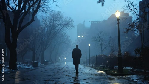 A lone man walking through an empty street in a rainy city, illuminated by street lamps.
