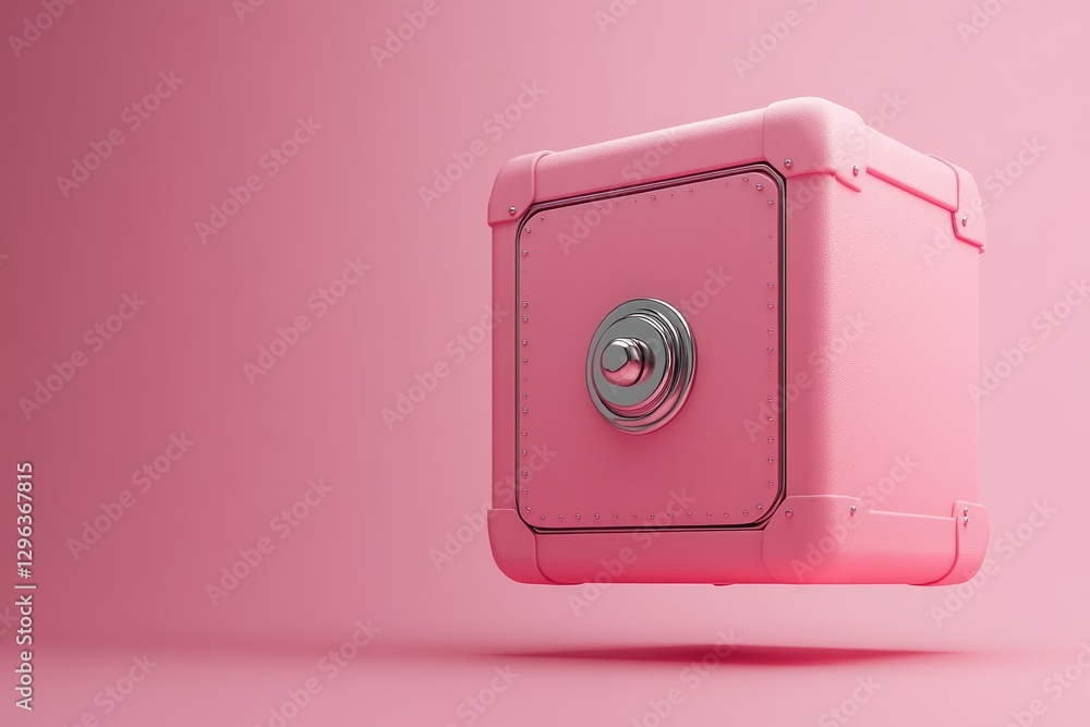 A pink safe floating against a pastel colored background A pink safe floating against a pastel colored background