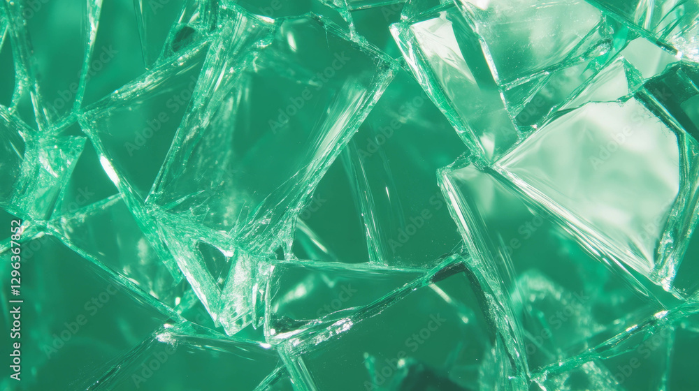 Fototapeta premium Shattered green glass texture with jagged edges for abstract background