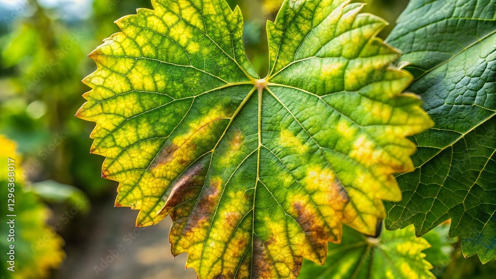 Fototapeta premium Downy Mildew on Grape Leaves: Close-up Summer Disease Damage