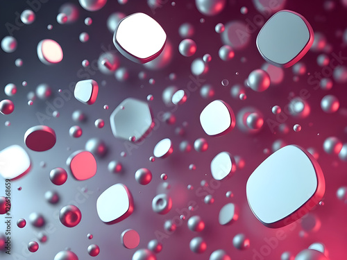 3D abstract background with random shapes, floating, metalic, and dynamic lighting, creating depth and a futuristic feel.