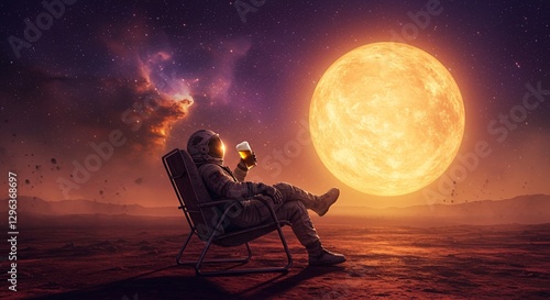Astronaut Relaxation on an Alien Planet under a Giant Moon: A Cosmic Sip of Tranquility