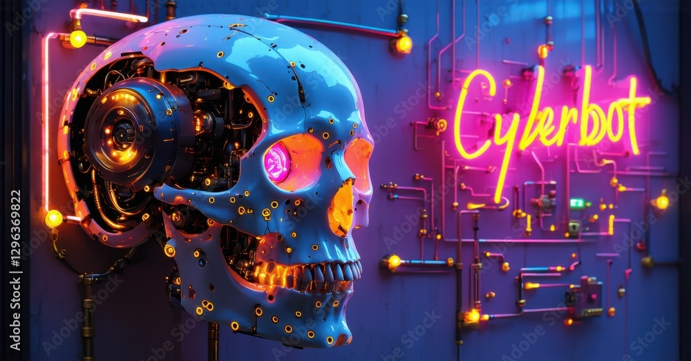 Obraz premium Neon sign cyberbot glowing robotic skull circuits high tech sci fi background bright colorful realistic photo