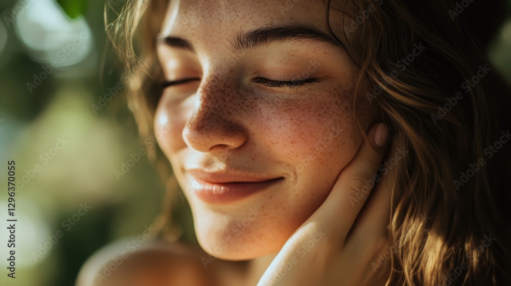 A woman is face, radiant with mirth, crinkled at the corners of her eyes as she gently touched her skin, a gesture of contentment and self-love. A woman is face, radiant with mirth, crinkled at the corners of her eyes as she gently touched her skin, a gesture of contentment and self-love.