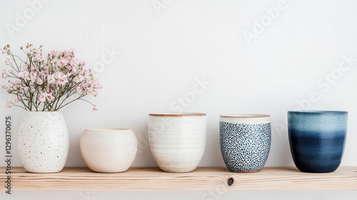 Wallpaper Mural Minimalist ceramic vases on wooden shelf with soft decor Torontodigital.ca