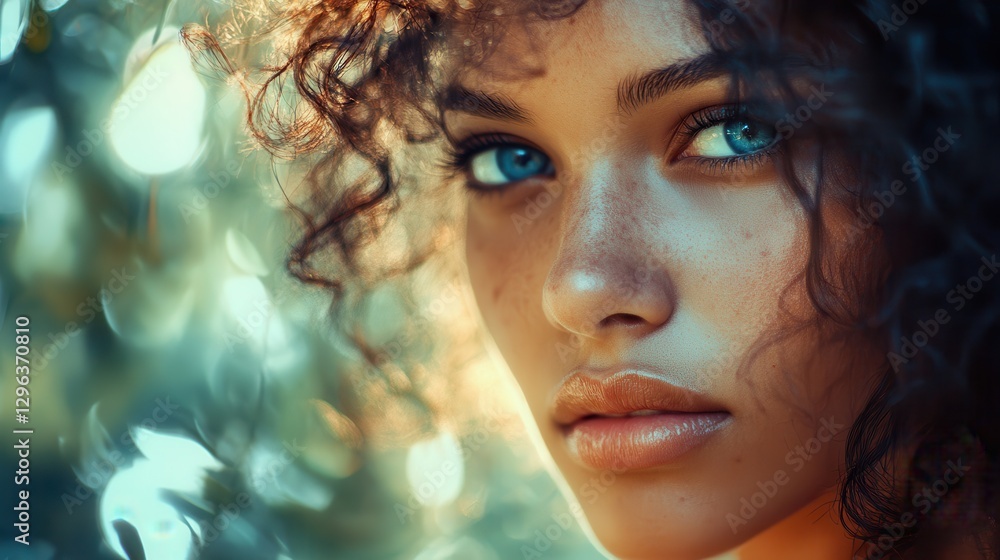 Obraz premium A woman, her skin the color of a summer sky, her hair a cascade of soft curls, her eyes reflecting the gentle wisdom of ages, exuded a captivating aura of beauty.