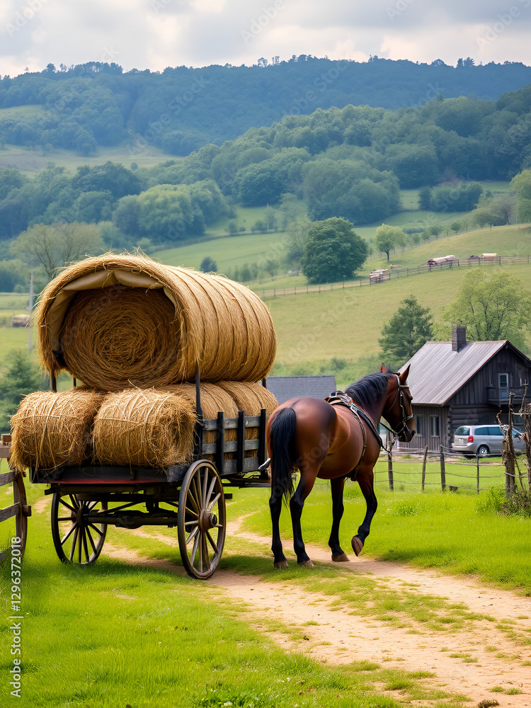Obraz premium Charming horse drawn wagon transporting bountiful bales of hay through a lush romanticized pastoral countryside setting