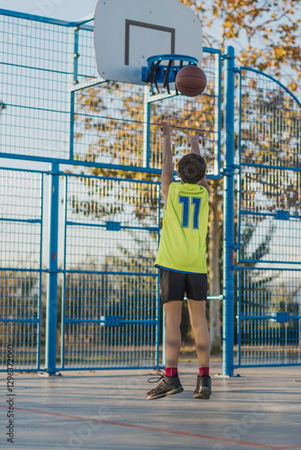 Wallpaper Mural Boy in neon jersey shoots basketball towards hoop outdoors. Torontodigital.ca