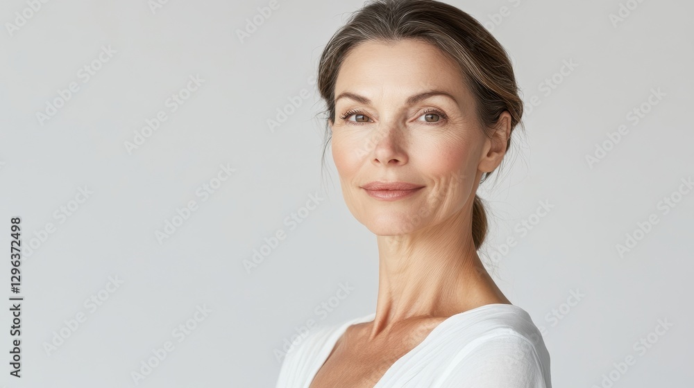 A woman, radiant in her maturity, exudes beauty and health, her image sharply focused against a pristine white background, highlighting her natural grace and vitality. A woman, radiant in her maturity, exudes beauty and health, her image sharply focused against a pristine white background, highlighting her natural grace and vitality.