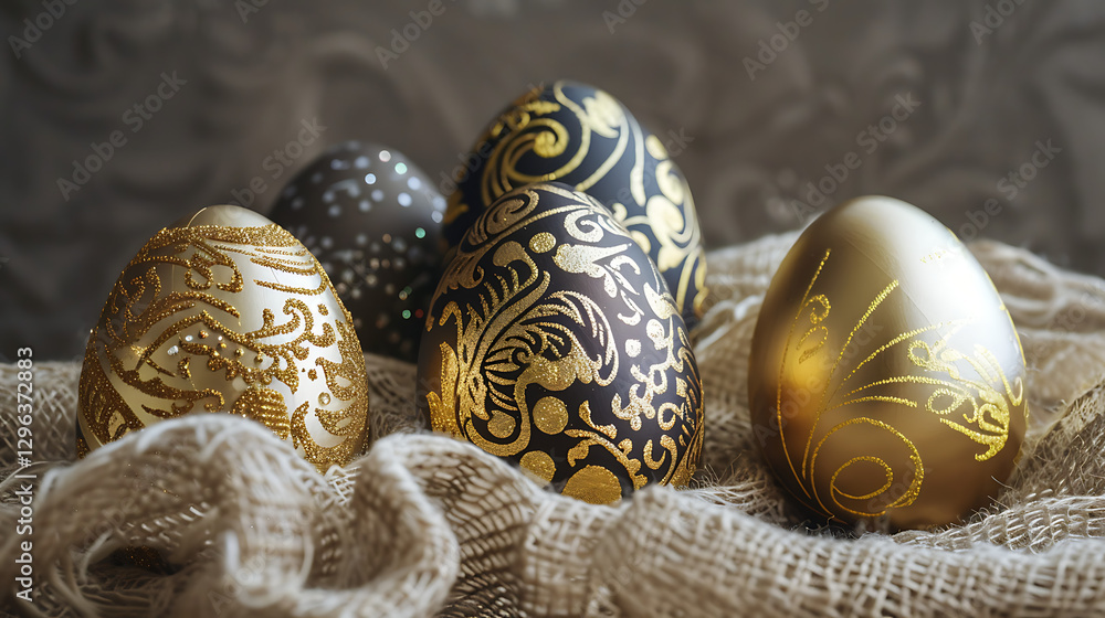 Elegant Easter eggs decorated with gold foil and intricate patterns Elegant Easter eggs decorated with gold foil and intricate patterns