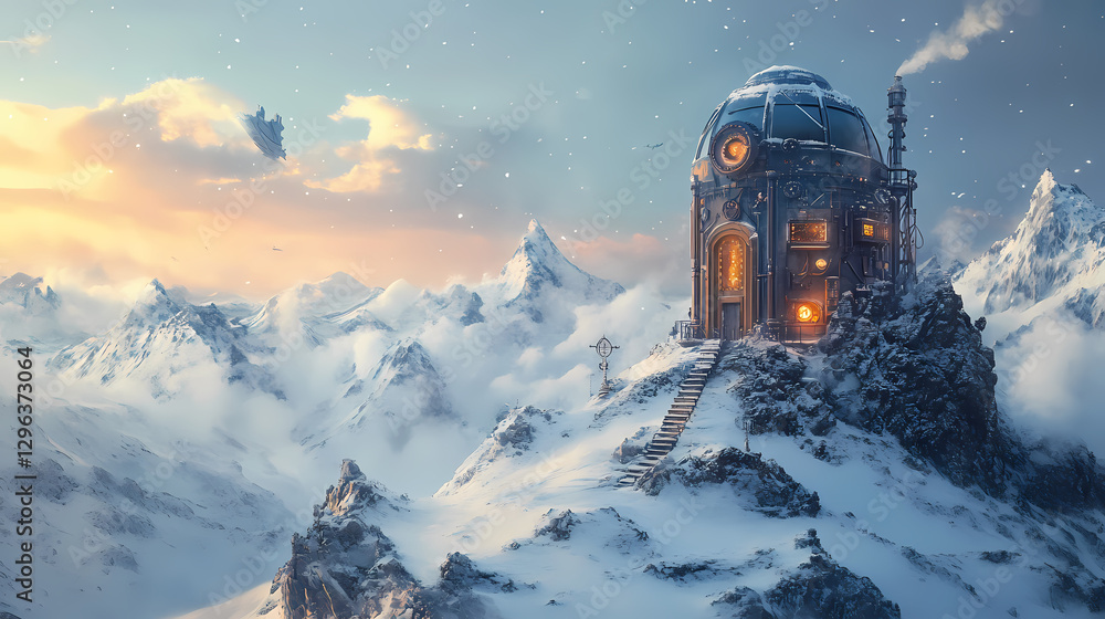 Snowbound steampunk observatory in mystic mountains. Steampunk Observatory Tower. Illustration Snowbound steampunk observatory in mystic mountains. Steampunk Observatory Tower. Illustration