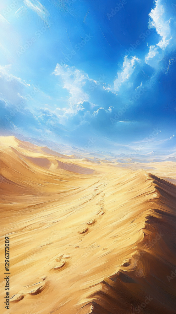 Fototapeta premium Desert landscape with sand dunes and footprints under a blue sky