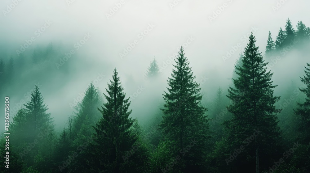 Fototapeta premium Misty Mountain Forest - Serene landscape of a misty forest with tall evergreen trees. Perfect for nature, travel, and environmental themes