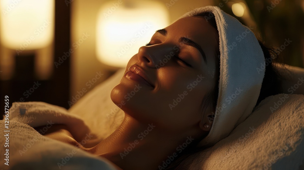 A woman, her face illuminated by the soft glow of a lamp, reclines on a plush cushion, her body enveloped in the embrace of a warm towel, her eyes closed in blissful relaxation as she indulges in a A woman, her face illuminated by the soft glow of a lamp, reclines on a plush cushion, her body enveloped in the embrace of a warm towel, her eyes closed in blissful relaxation as she indulges in a