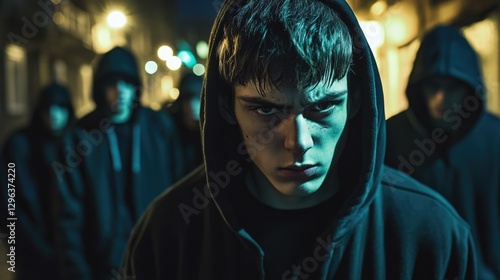 Gang of dangerous teenage boys bandits stands in dark alley. Group of hooded men. Crime and stealth. Evil guys in hoods. Thief, criminal teens. Theft, offender. Bad company, bunch of hooligans.