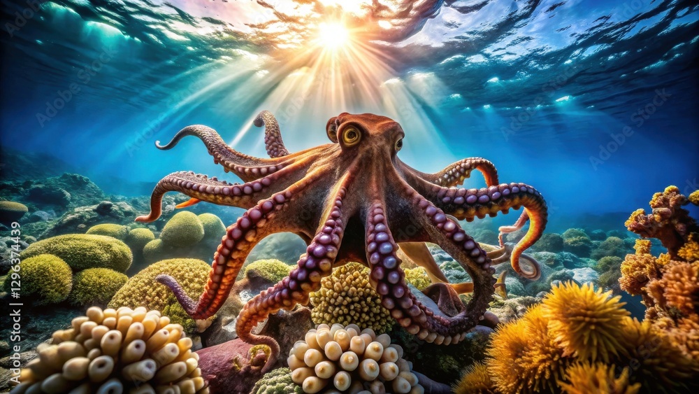 Fototapeta premium Ocean Depths A Majestic Octopus Among Vibrant Coral Reefs Basking in Sunlit Waters
