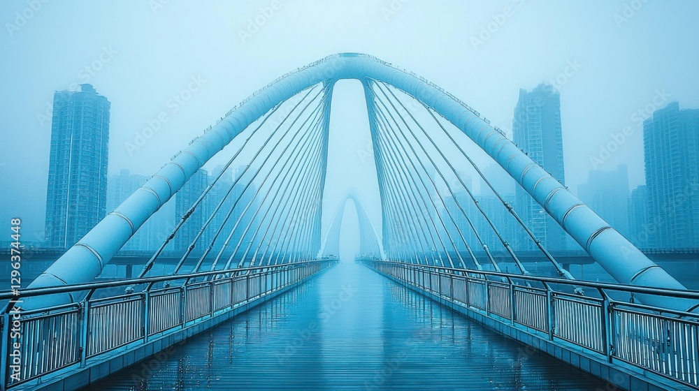 Obraz premium Foggy city bridge walkway at dawn
