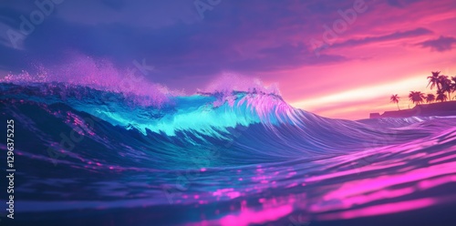 Fototapeta Naklejka Na Ścianę i Meble -  A massive wave with blue and teal colors, pink reflections