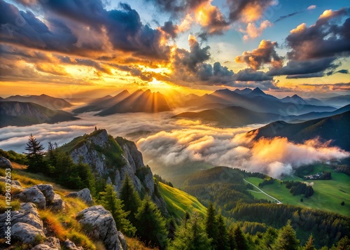 Breathtaking mountain landscape at sunset with clouds and valleys in scenic nature view