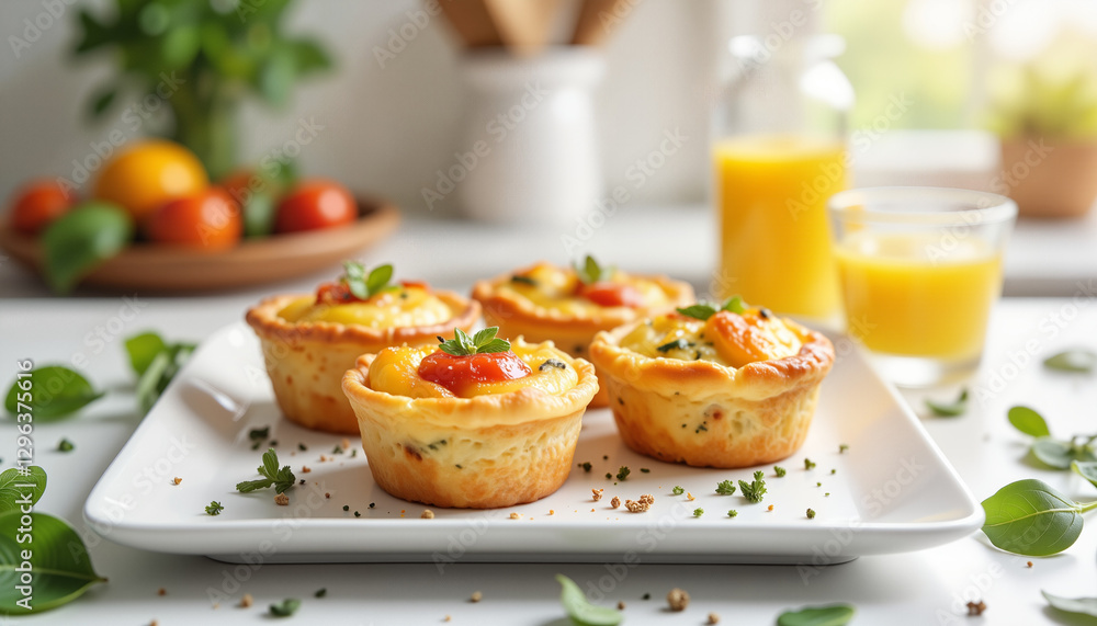 Colorful mini quiches on a platter in bright kitchen, delicious breakfast Colorful mini quiches on a platter in bright kitchen, delicious breakfast