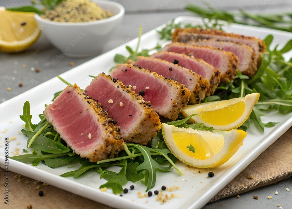 Fresh seared tuna slices on bed of arugula with lemon and spices Fresh seared tuna slices on bed of arugula with lemon and spices