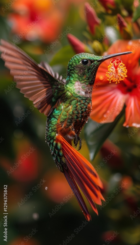 Obraz premium Hummingbird feeding from a vibrant flower, showcasing its iridescent plumage and long beak.