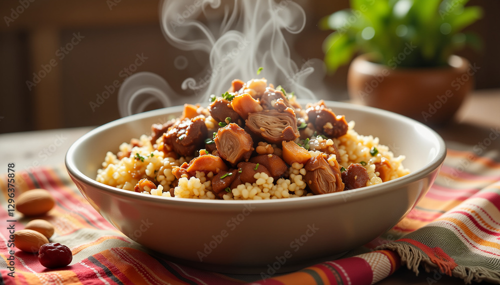 Steaming Moroccan couscous bowl with lamb, vibrant culinary art Steaming Moroccan couscous bowl with lamb, vibrant culinary art