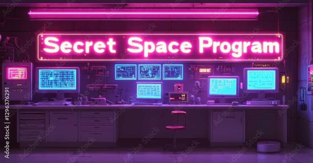 Neon sign secret space program hidden alien laboratory futuristic glowing panels deep monitors bright colorful realistic photo Neon sign secret space program hidden alien laboratory futuristic glowing panels deep monitors bright colorful realistic photo