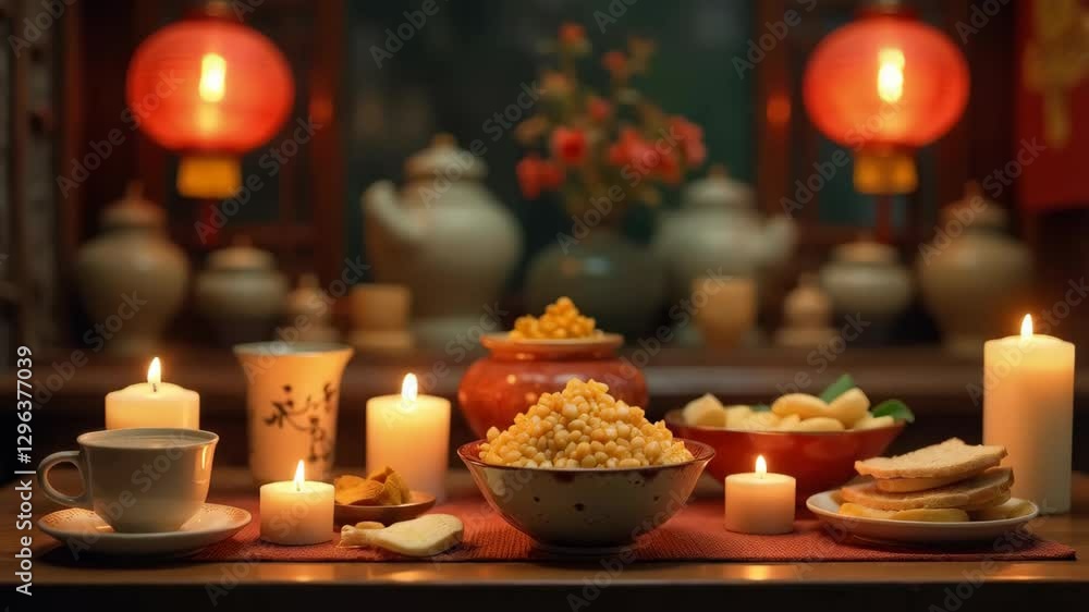 Asian cuisine, assorted asian food and candles.Chinese religion Asian cuisine, assorted asian food and candles.Chinese religion