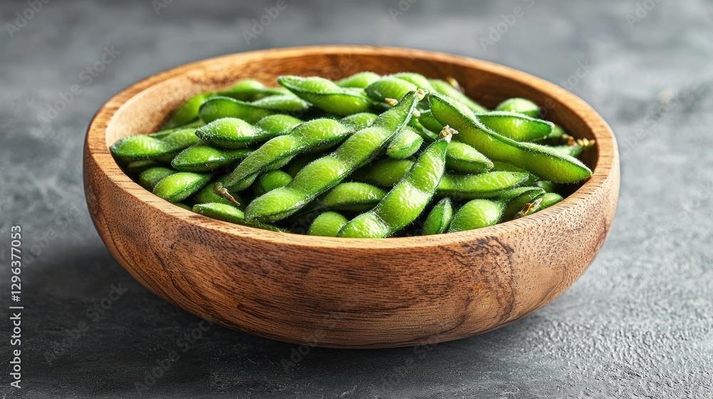 Fresh edamame in wooden bowl on gray surface Fresh edamame in wooden bowl on gray surface