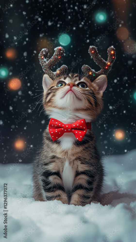 Kitten with reindeer antlers and red bow tie in snow Kitten with reindeer antlers and red bow tie in snow