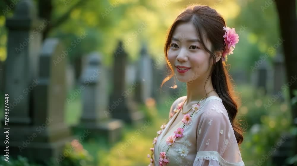 Asian chinese woman, gentle smile, speaking in a cemetery, surrounded by greenery and floral Asian chinese woman, gentle smile, speaking in a cemetery, surrounded by greenery and floral