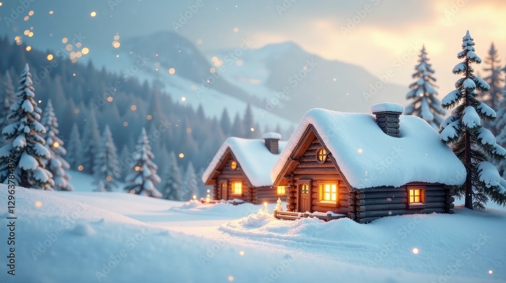 Winter Wonderland Cozy Cabin Retreat in Snowy Forest with Illuminated Windows and Falling Snow Winter Wonderland Cozy Cabin Retreat in Snowy Forest with Illuminated Windows and Falling Snow