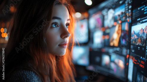 A diverse group of students attending an online class, multiple faces on a video call screen, various workspaces in the background, bright and modern aesthetic, Woman and computer