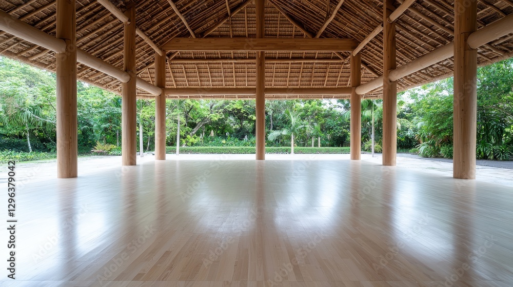 Fototapeta premium Serene Wooden Pavilion in Lush Garden
