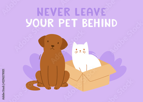 Banner with cute homeless pets. Cartoon poster with dog and cat in a box.