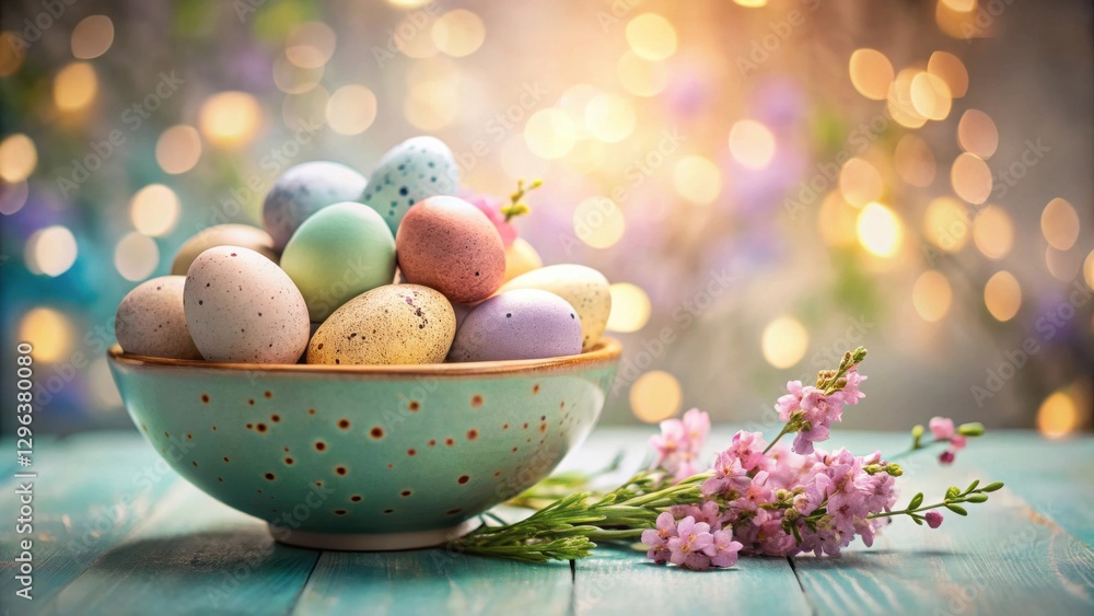 Pastel Easter Eggs in a Decorative Bowl with Spring Blossoms on a Wooden Table Pastel Easter Eggs in a Decorative Bowl with Spring Blossoms on a Wooden Table