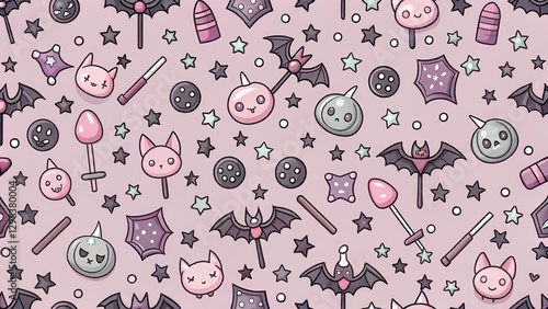Delightful Pastel Goth Kawaii Halloween Seamless Pattern Design Featuring Spooky Cute Treats and Symbols