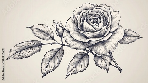 a rose flower with leaves, all highlighted with black contours, creating a striking ink-style representation of a beautiful plant.