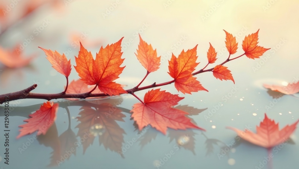 Autumnal Branch Gracefully Floating on Tranquil Water Surface Reflecting Vibrant Hues of Red Leaves Autumnal Branch Gracefully Floating on Tranquil Water Surface Reflecting Vibrant Hues of Red Leaves