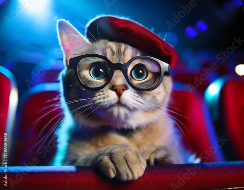 cat with glasses and beret watching movie in the movie theater