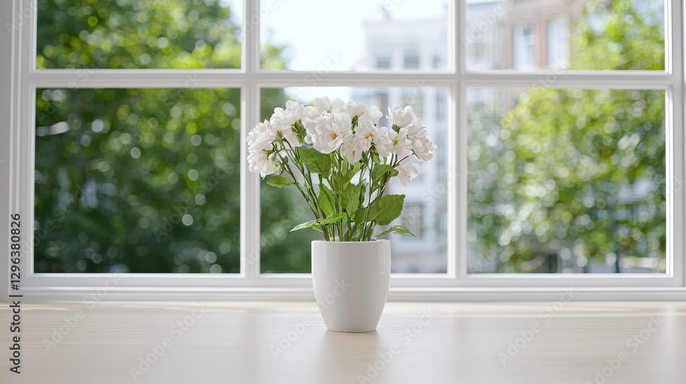 White Flowers in Pot, Window View, Spring White Flowers in Pot, Window View, Spring