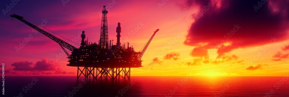 Offshore Oil Rig Sunset - Silhouette of an offshore oil rig at sunset, dramatic sky with vibrant colors Offshore Oil Rig Sunset - Silhouette of an offshore oil rig at sunset, dramatic sky with vibrant colors