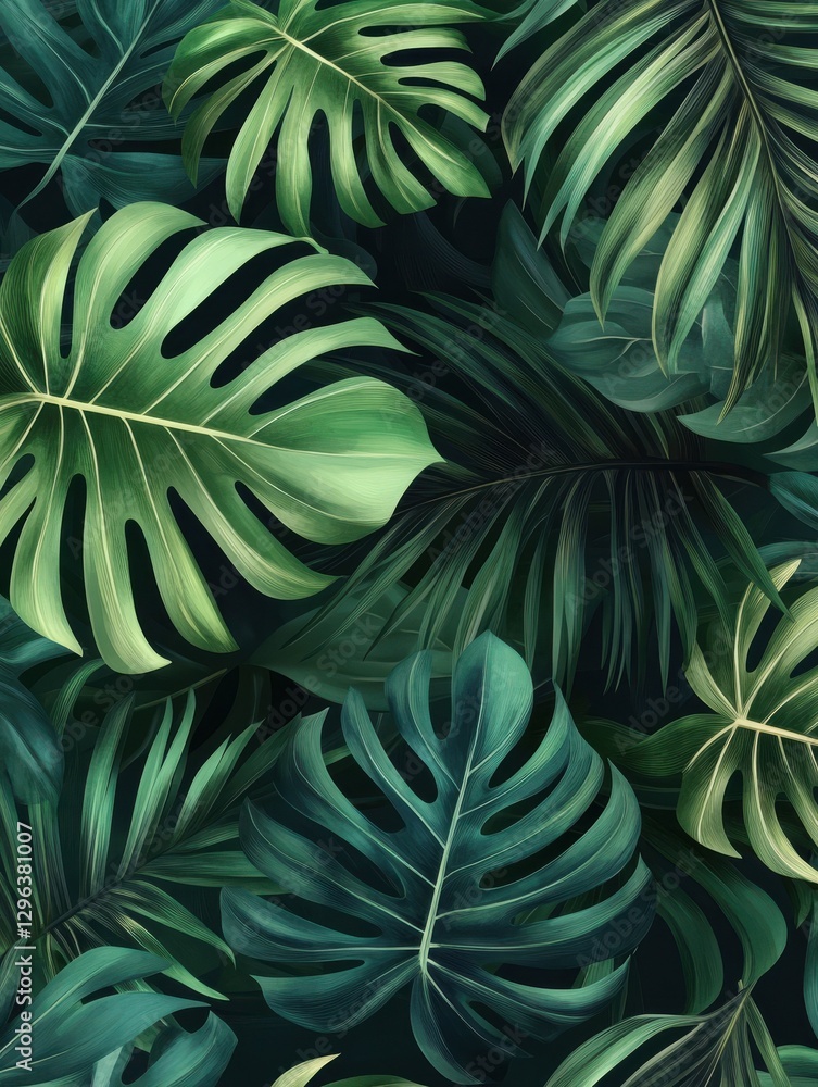 Abstract foliage and botanical background. Green tropical forest wallpaper of monstera leaves, palm leaf, branches in hand drawn pattern. Exotic plants background for banner, prints, decor, wall art. Abstract foliage and botanical background. Green tropical forest wallpaper of monstera leaves, palm leaf, branches in hand drawn pattern. Exotic plants background for banner, prints, decor, wall art.