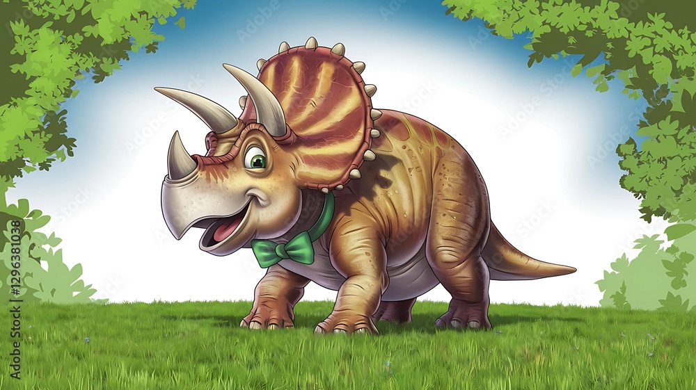 Fototapeta premium Cartoon Triceratops dinosaur stands in a grassy meadow