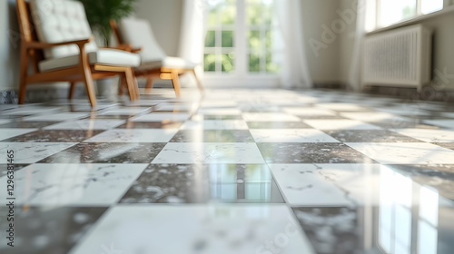 Wallpaper Mural Sunlit modern interior: Gleaming checkered floor reflects light, minimalist wooden chairs add subtle warmth. Peaceful serenity. Torontodigital.ca