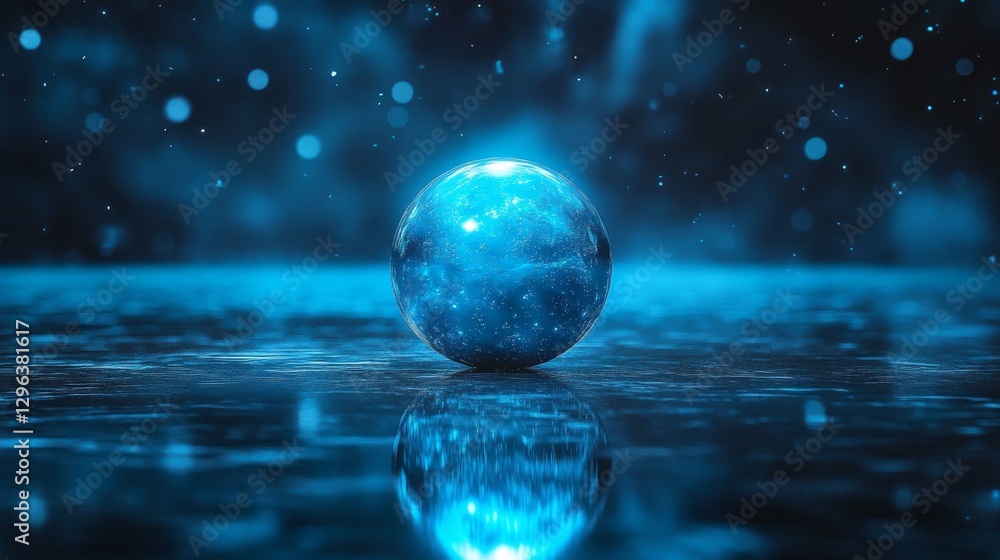 Glowing blue orb sits reflecting on reflective watery surface Glowing blue orb sits reflecting on reflective watery surface